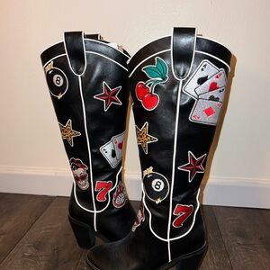 Dolls Kill Black Heeled Boots with Colorful Patches